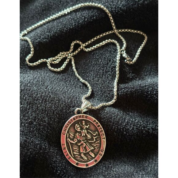 UNBRANDED - NWOT - Stainless Steel St. Christopher Medal on a 24" Box Chain. - Picture 1 of 12